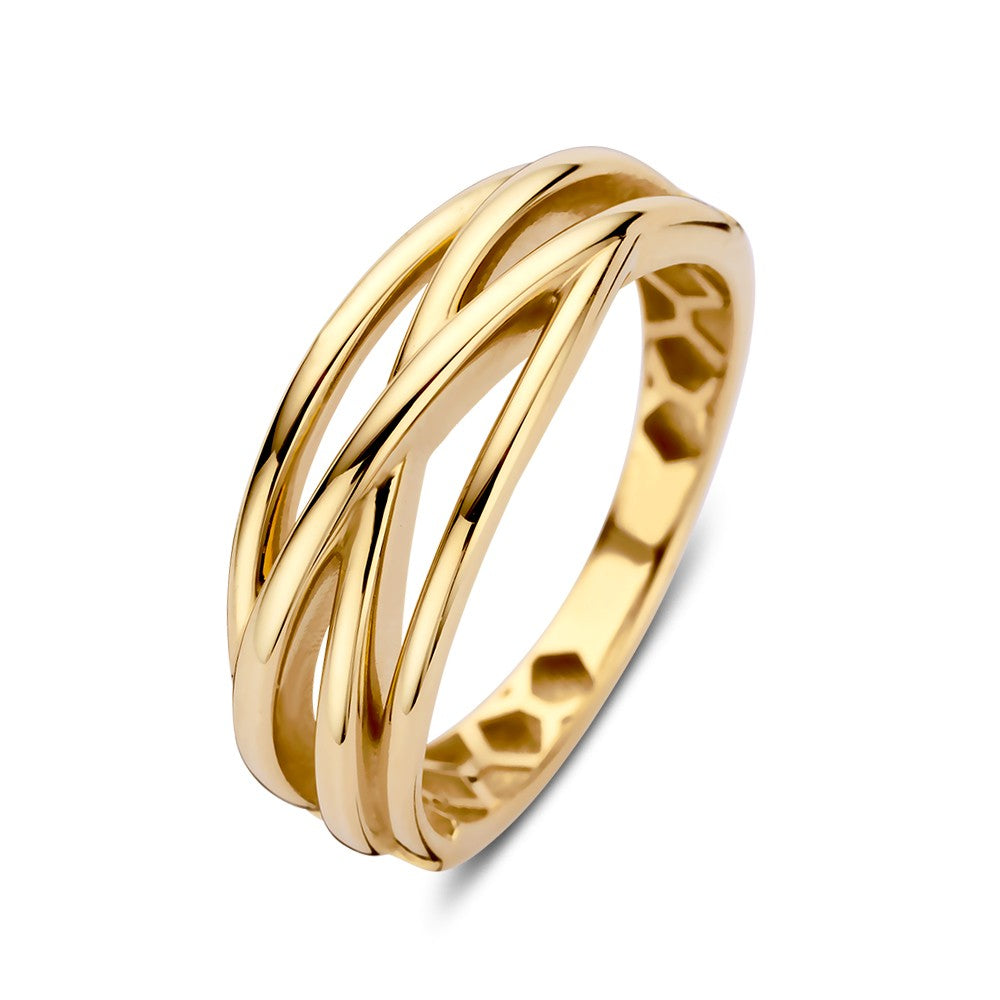 Anillo de oro con cuatro bandas entrelazadas, diseño moderno y brillante.