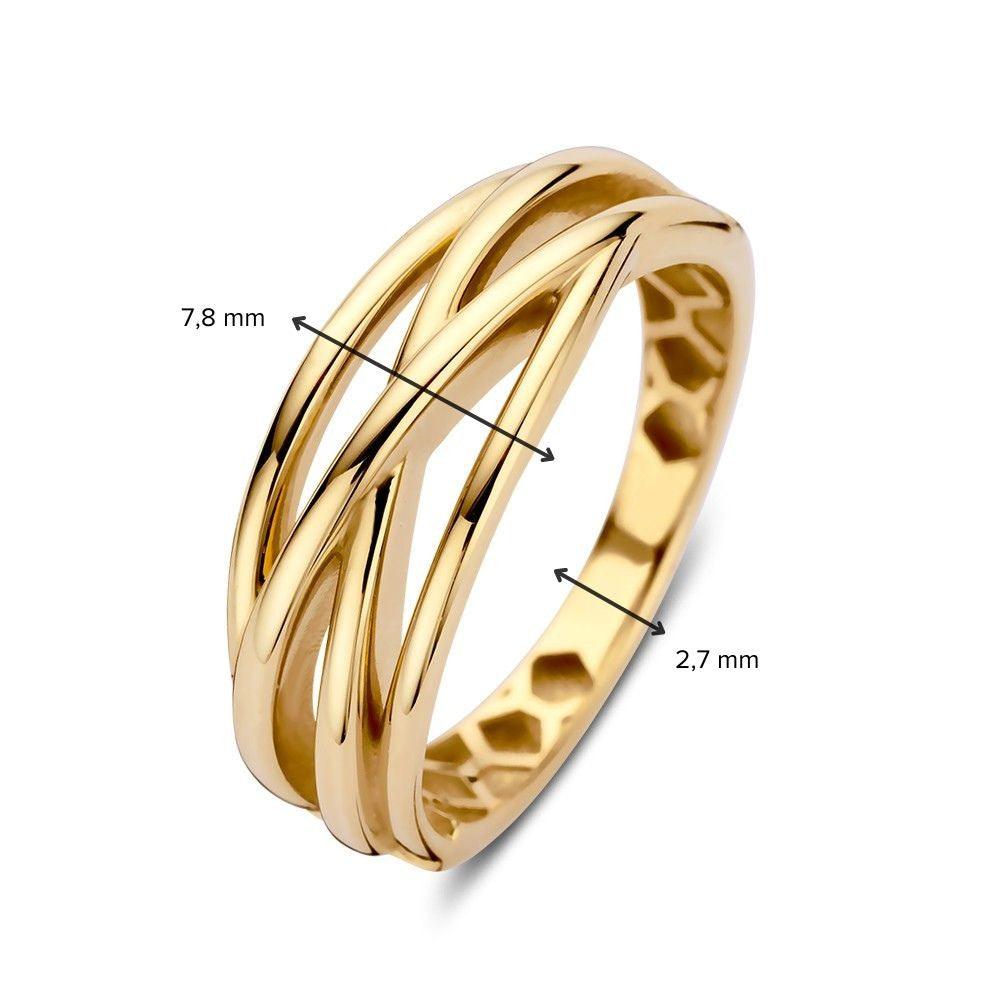 Anillo Crossover Juguetón con Cuatro Bandas de Oro – Un Estilo Sutil y Elegante