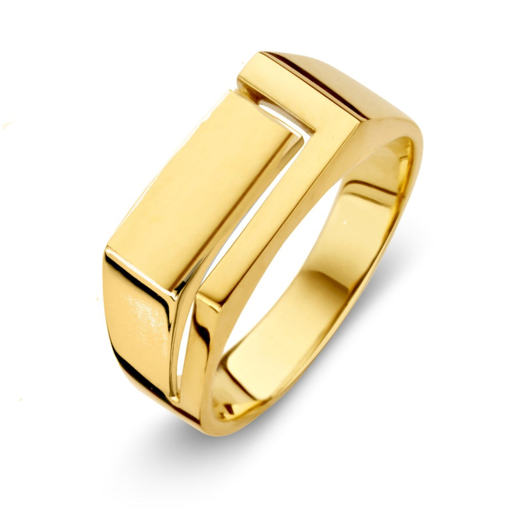 Anillo de oro amarillo moderno para hombre con diseño juguetón y líneas rectas.