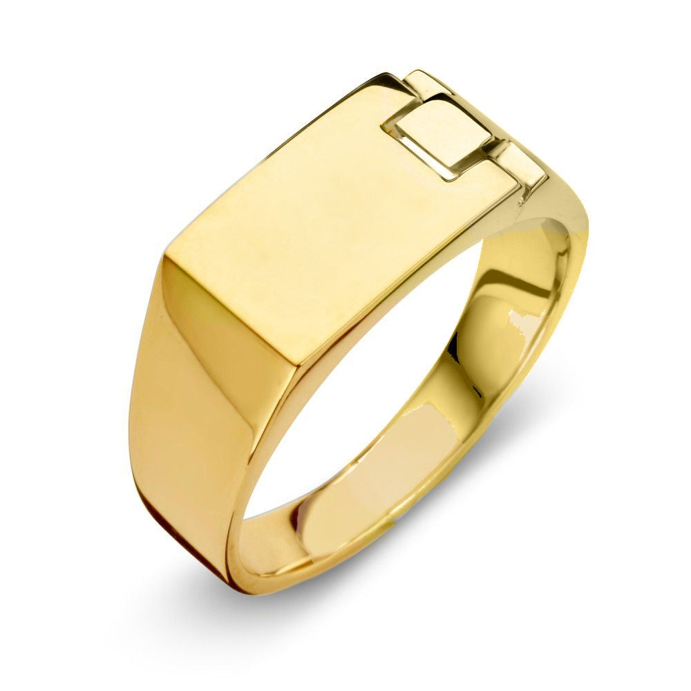 Anillo robusto de oro amarillo de 14 quilates con diseño rectangular y acabado pulido.