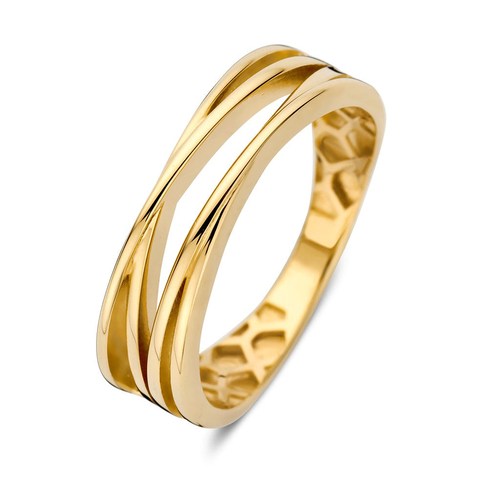 Anillo de oro amarillo con diseño entrelazado y acabado pulido.