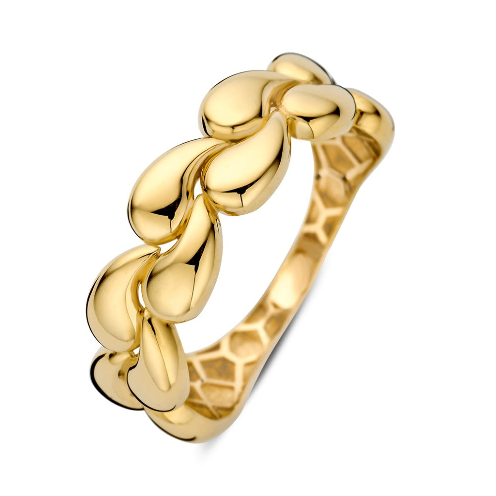 Anillo de oro amarillo con diseño trenzado y acabado pulido.