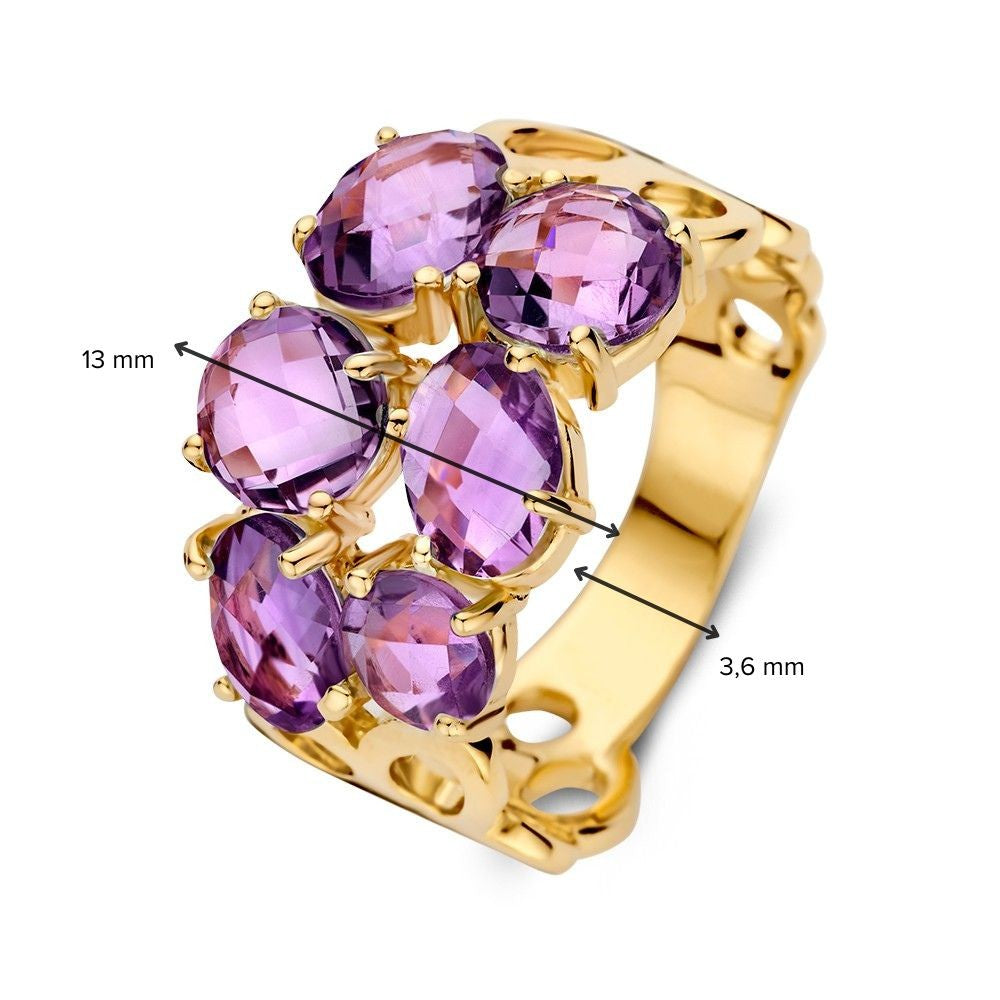 Anillo único de oro amarillo con patrón orgánico y amatistas moradas
