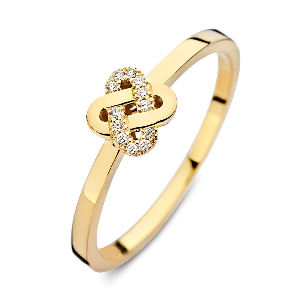 Anillo de oro amarillo elegante con diseño de nudo y diamantes de 0.04 crt.