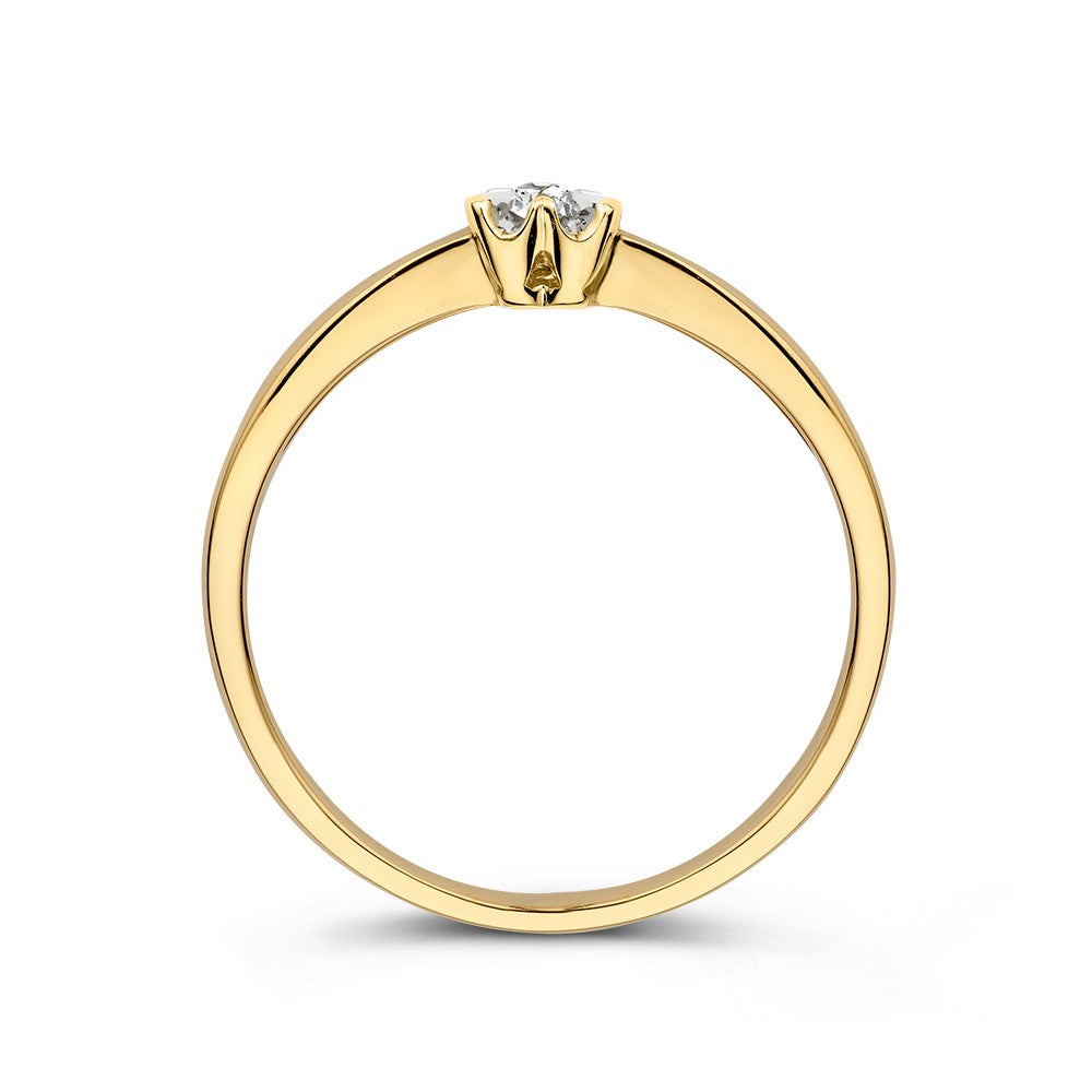 Anillo de oro amarillo solitario con engaste en forma de corazón y diamante brillante de 0.05 crt.