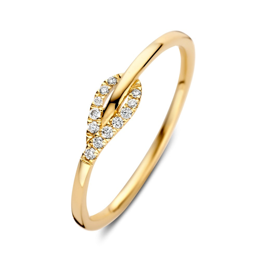Anillo de oro amarillo con diamantes de 0.06 crt en forma de hoja.