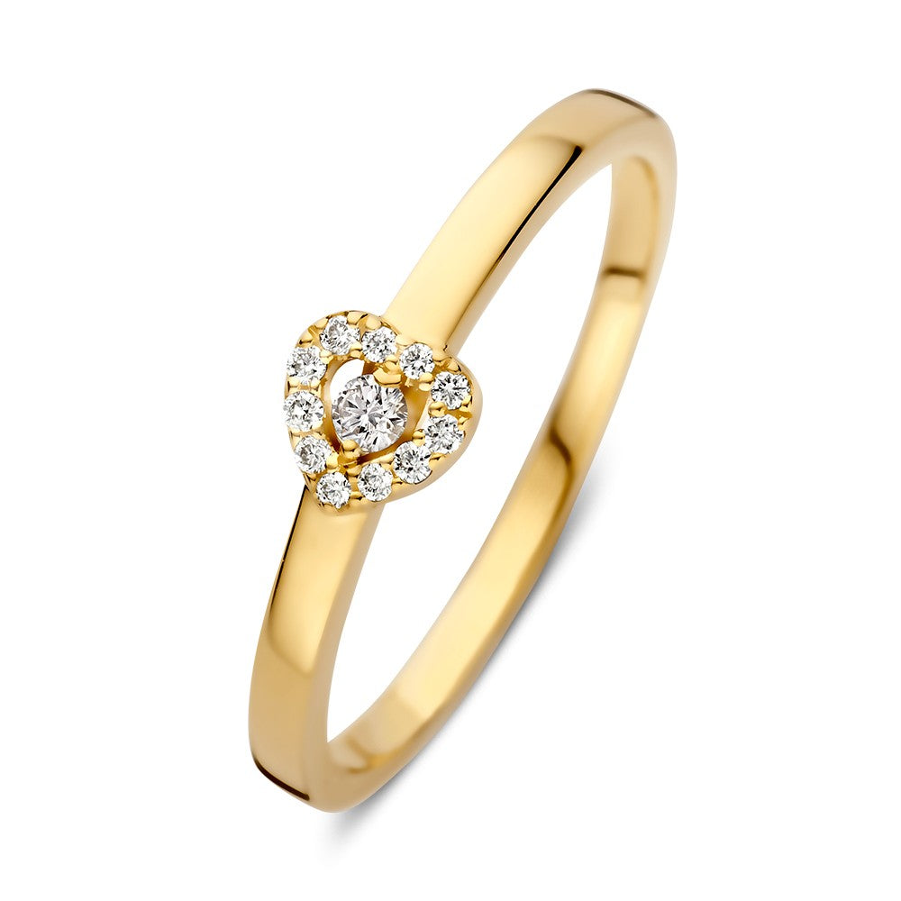 Anillo de oro amarillo con diamante central y detalles en forma de corazón.