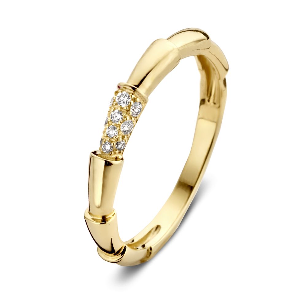Anillo de oro amarillo elegante con diseño de bambú y diamantes de 0.09 crt.