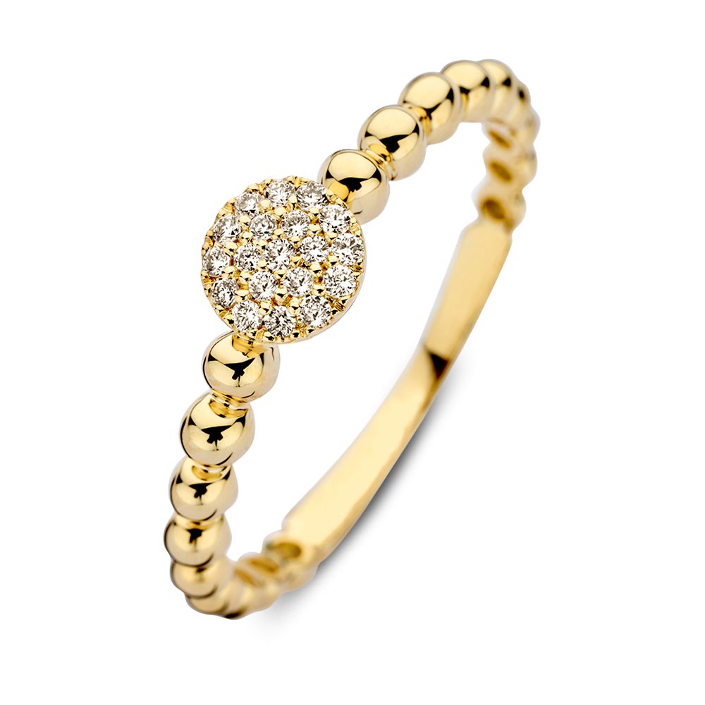 Anillo de bolitas en oro amarillo con un centro de diamantes de 0.09 crt.