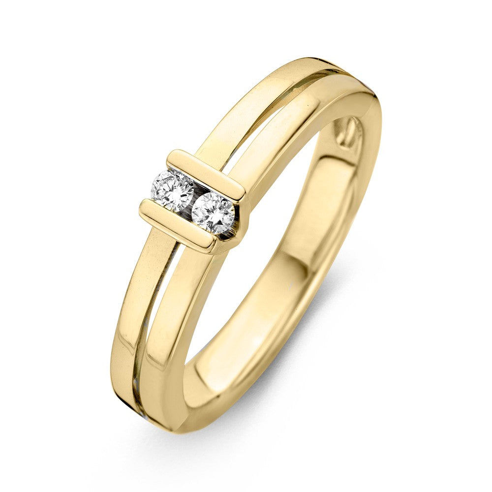 Anillo de oro amarillo con dos diamantes, diseño elegante y engaste en V elevado, 14 quilates.