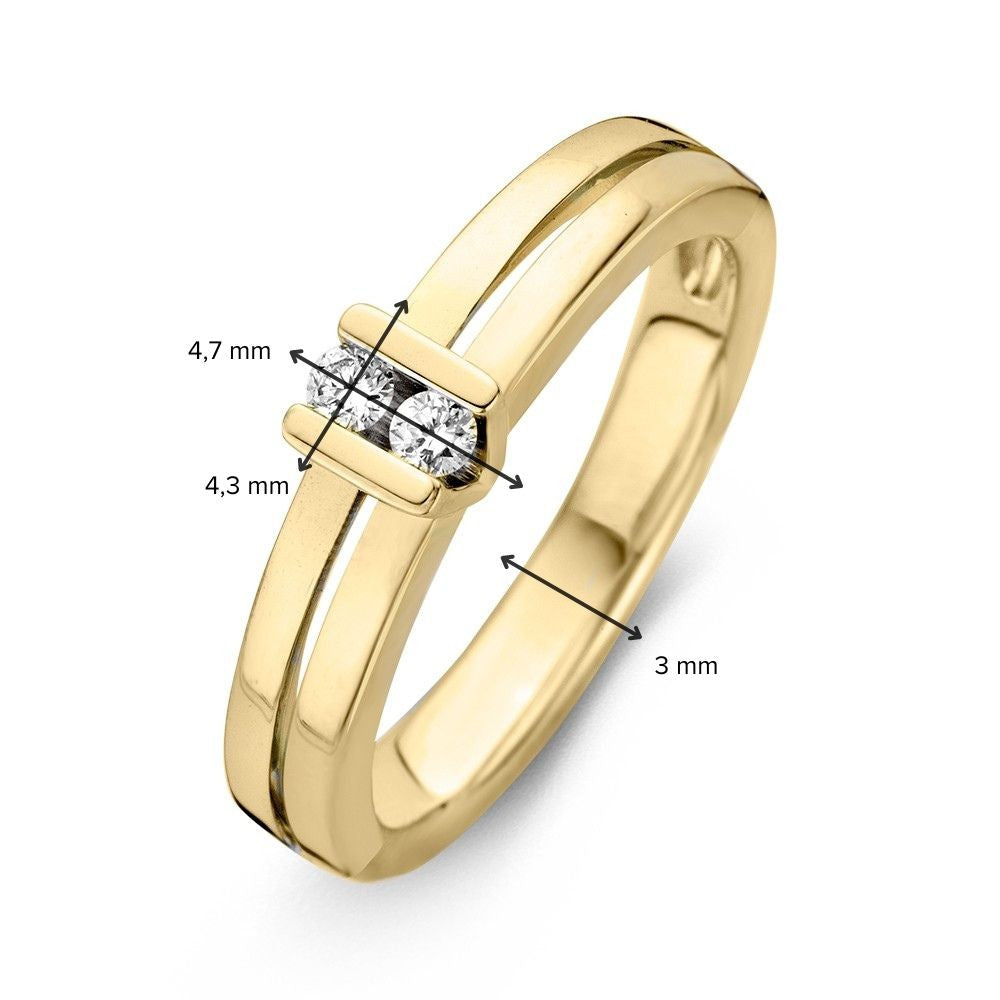 Anillo de oro amarillo con dos brillantes – diseño elegante y engaste en V elevado – 14 quilates de oro