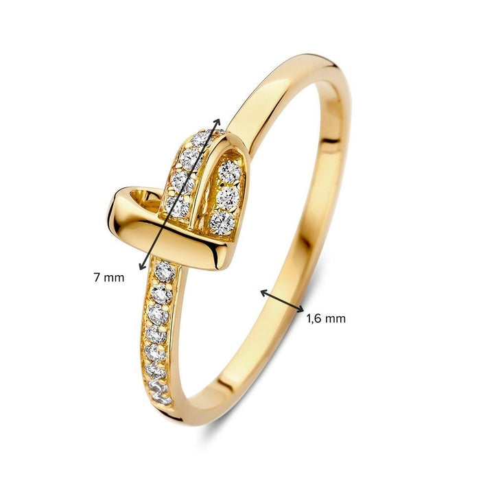 De Excellent Jewelry Geelgouden Hart Ring met Diamanten (0,11ct) heeft een band van 1,6 mm en een knot-achtig hart van 7 mm, sprankelend met ronde witte diamanten - een combinatie van klassieke elegantie en tijdloze charme.