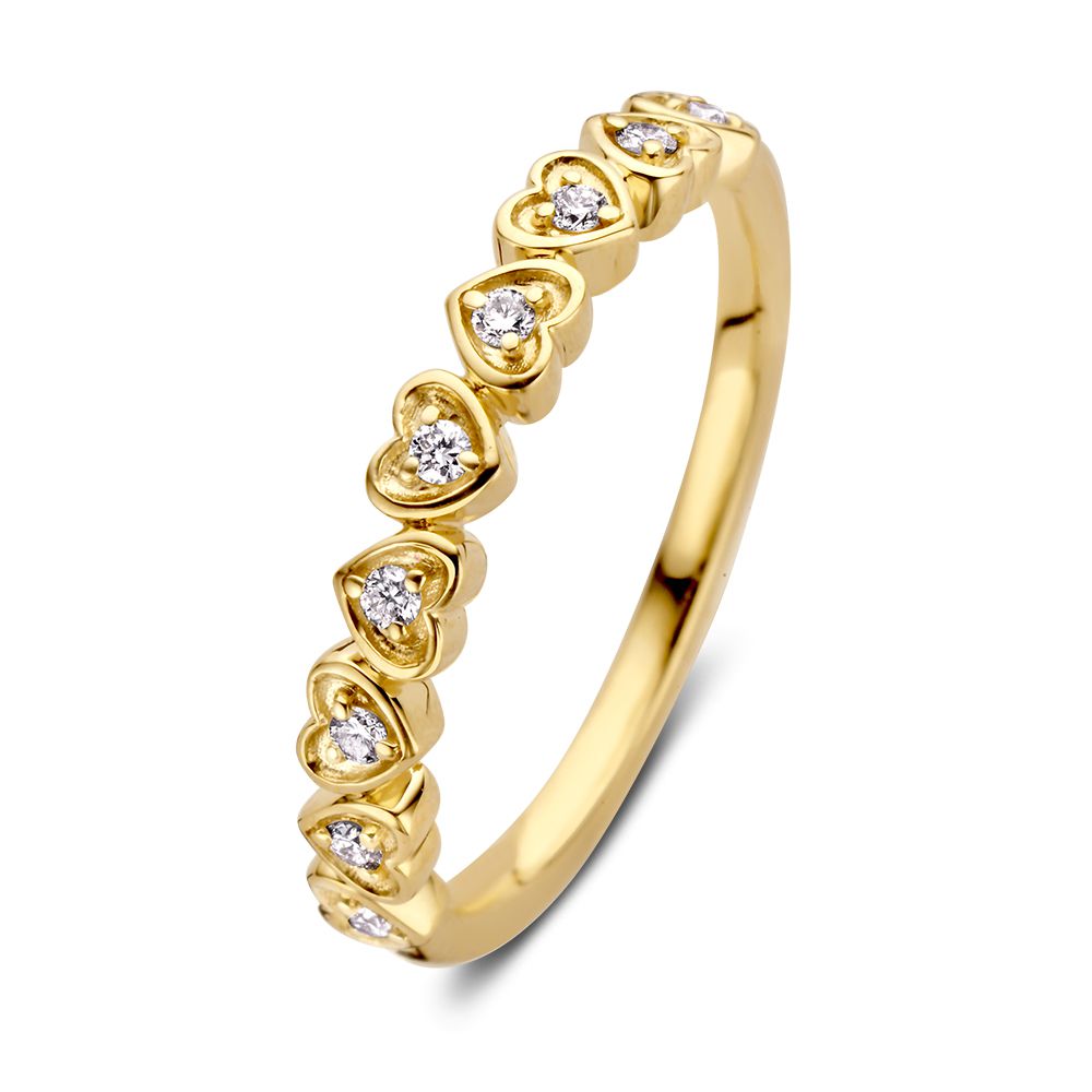 Anillo de oro amarillo con corazones y diamantes de 0.12 crt.