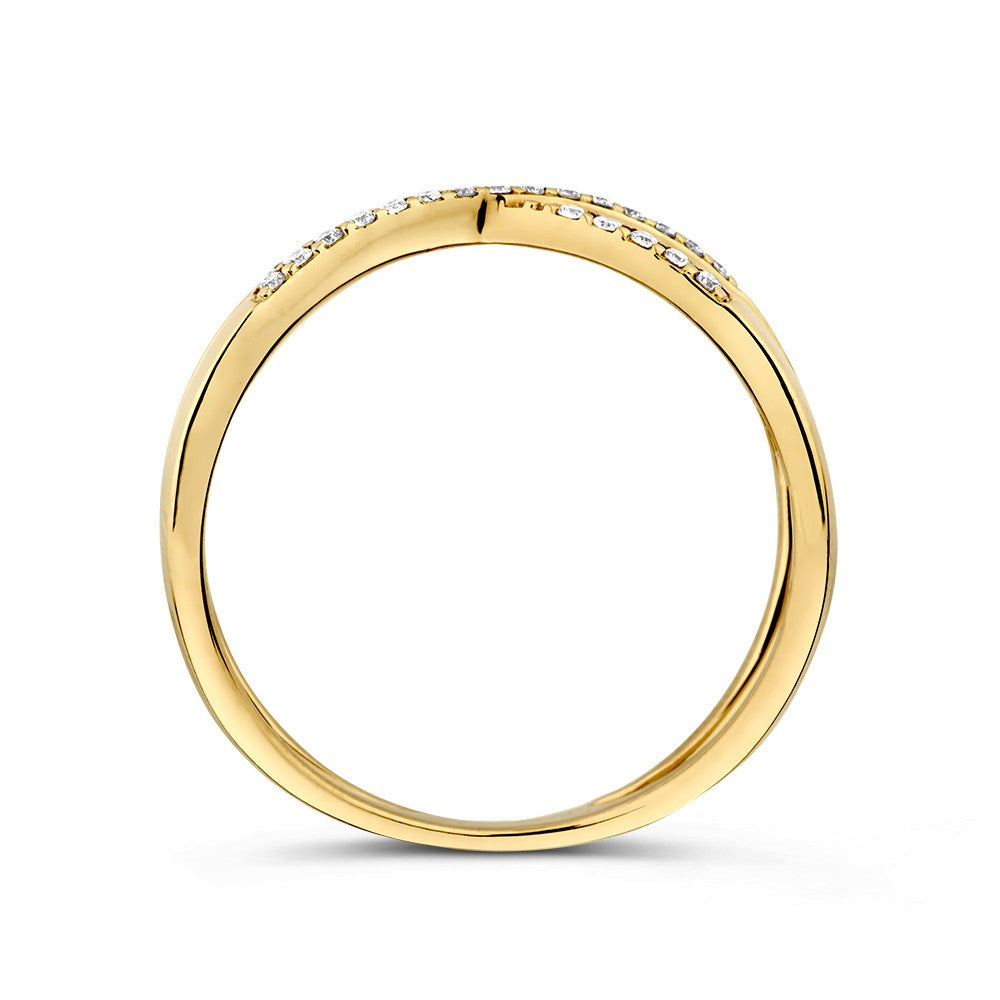 Anillo Refinado de Oro Amarillo con Bandas Cruzadas y Diamantes – 14 Quilates