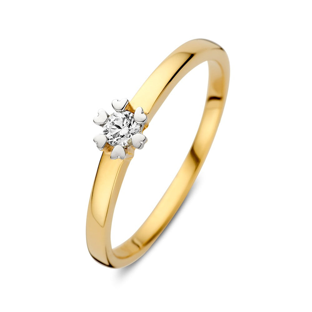 Anillo de oro amarillo con engaste en forma de corazón y diamante brillante de 0,12 crt.