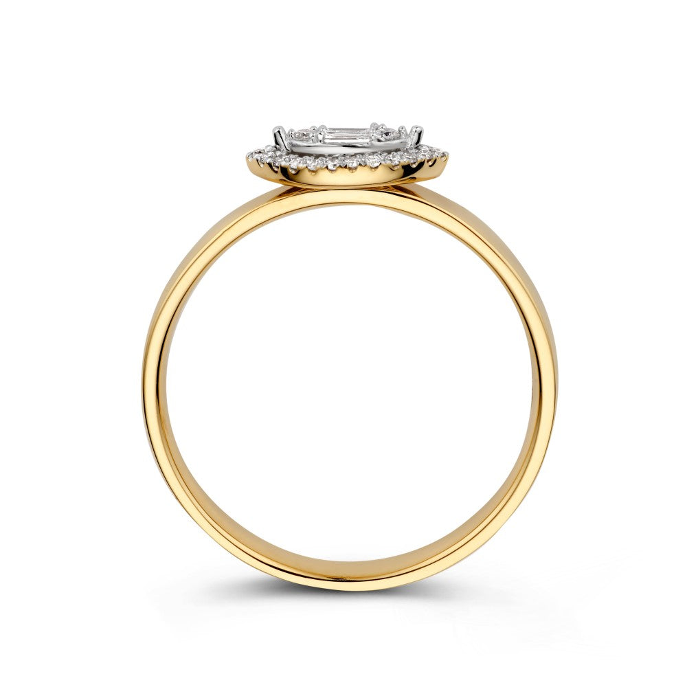 Espléndido Anillo de Oro Blanco y Oro Amarillo con Entourage Marquise y Diamantes 0.12 crt.
