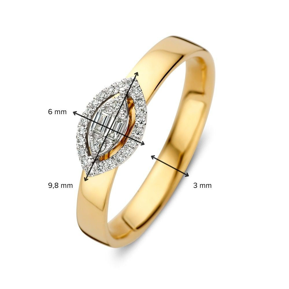Espléndido Anillo de Oro Blanco y Oro Amarillo con Entourage Marquise y Diamantes 0.12 crt.