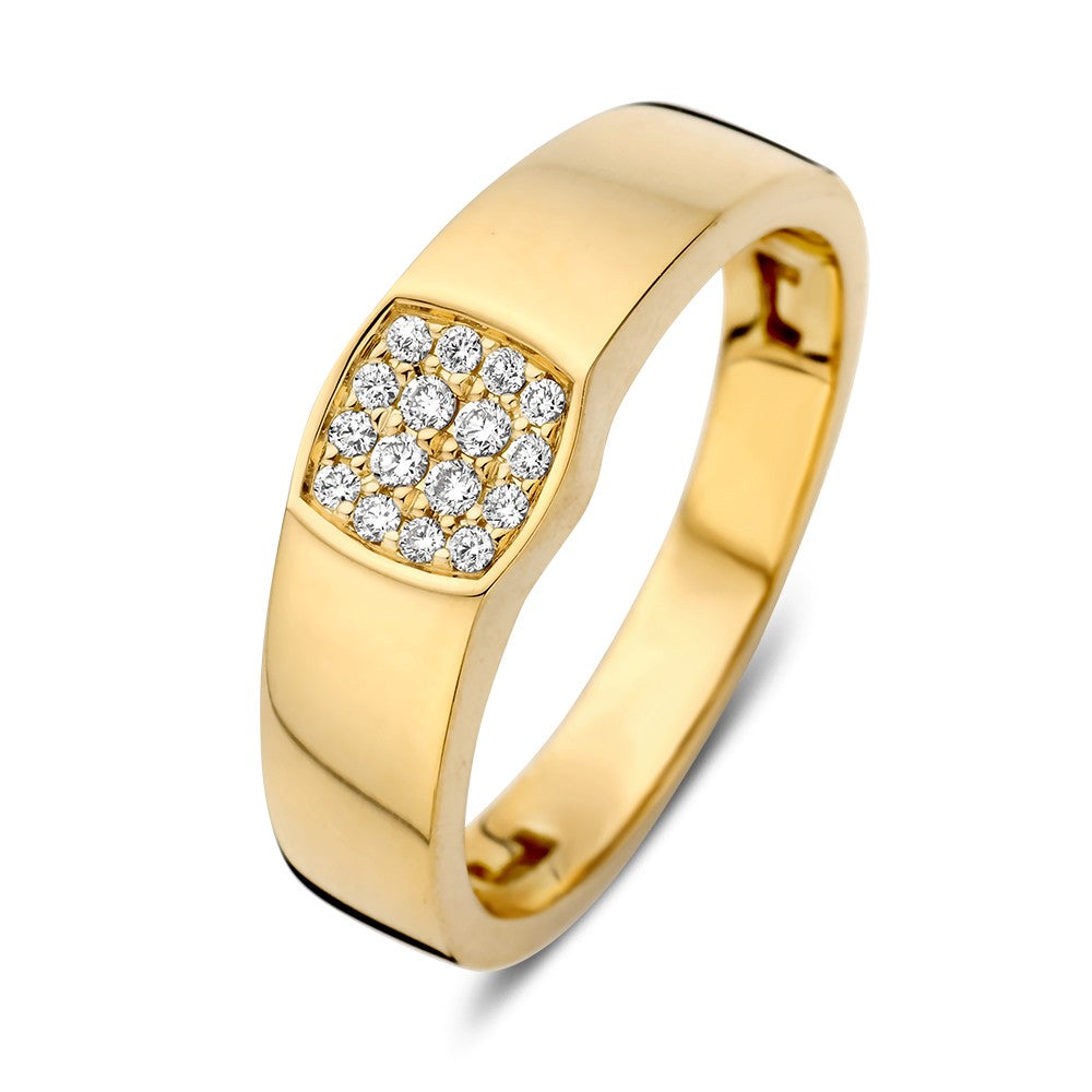Anillo de oro amarillo con diamantes de 0.12 crt en un diseño cuadrado.