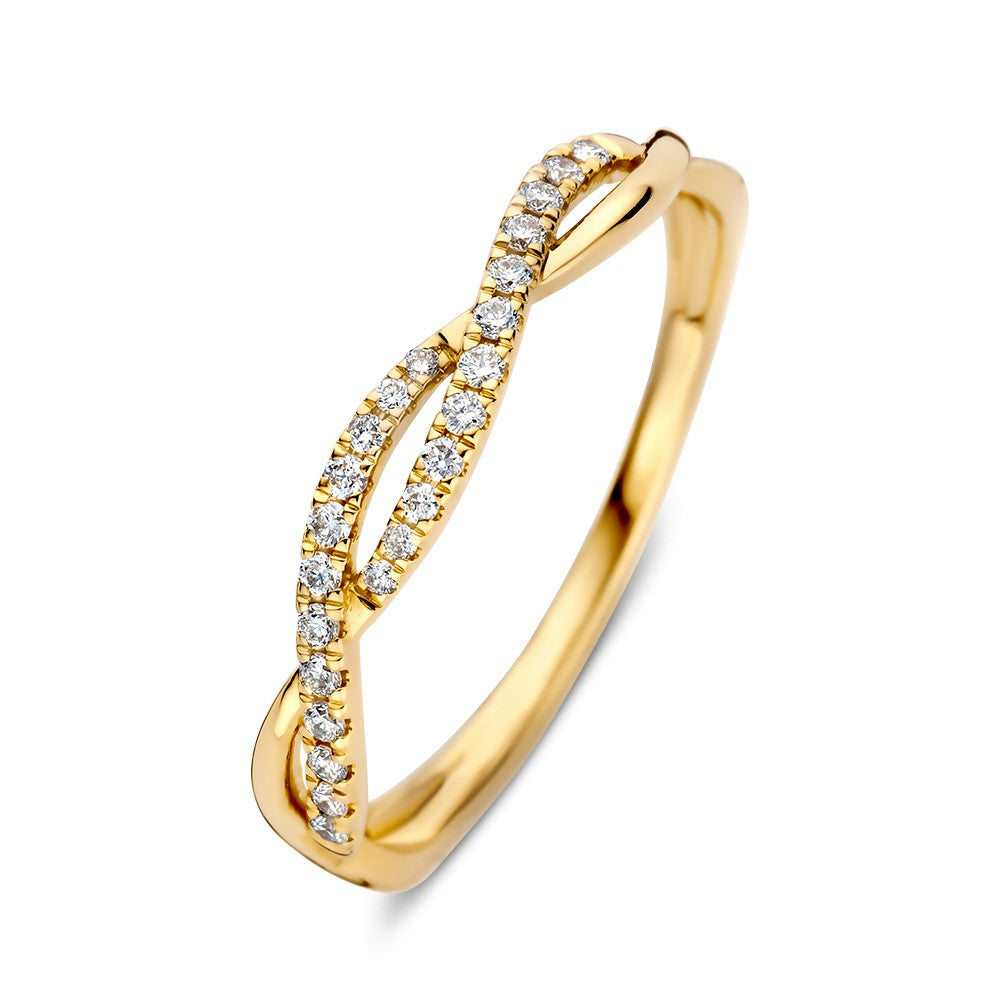 Anillo de oro amarillo con brillantes de 0.13 crt en diseño entrelazado.