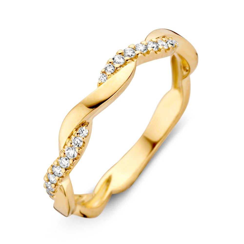 Anillo de oro amarillo elegante con diamantes brillantes de 0.14 crt en un diseño entrelazado.