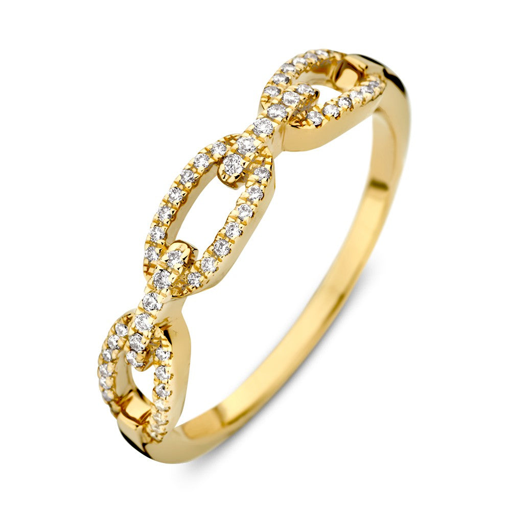Anillo de oro amarillo con patrón de eslabones y diamantes.