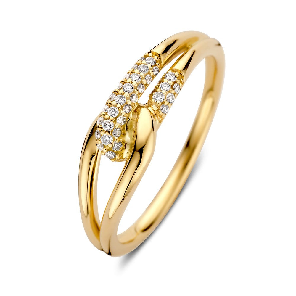 Anillo de oro amarillo con brillantes de 0.14 crt en un diseño entrelazado.