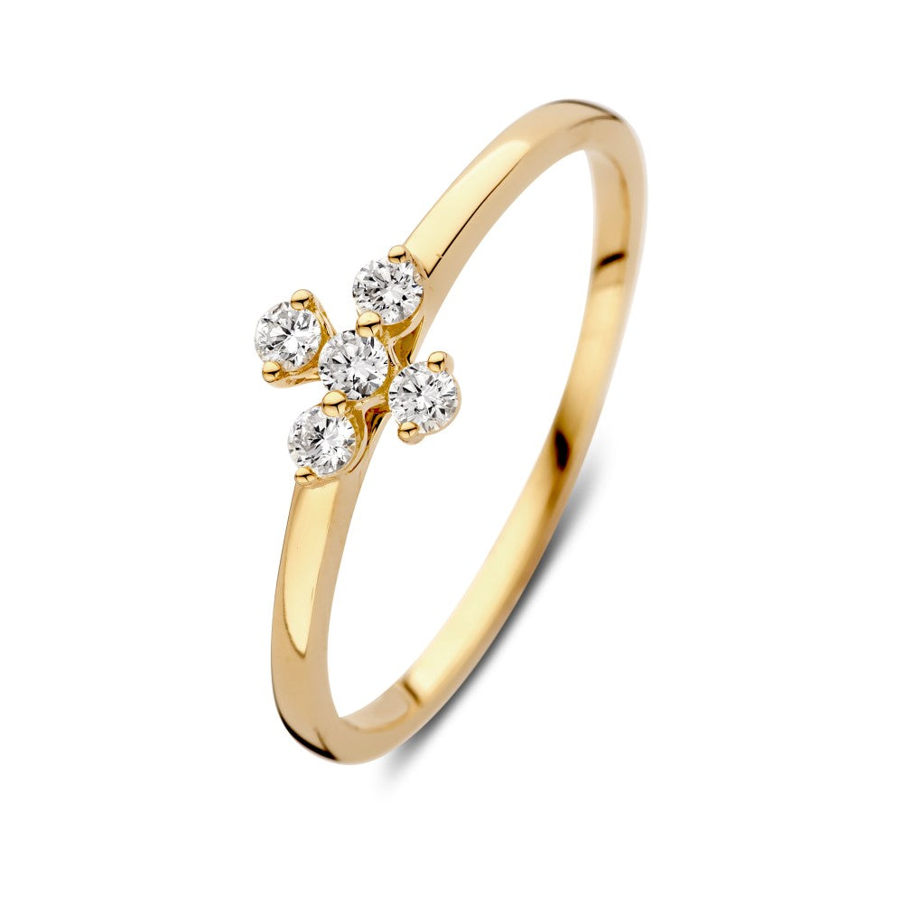 Anillo de oro amarillo elegante con diseño de flor y diamante de 0.15ct.