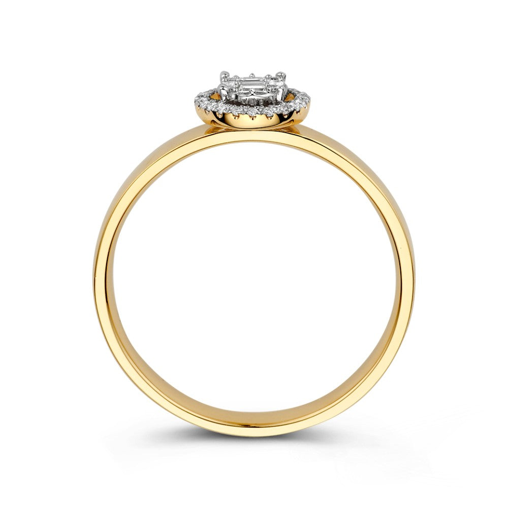 Elegante Anillo de Oro Blanco y Oro Amarillo con Diamantes Brillantes y Baguette en Engaste Invisible – 0,17 crt