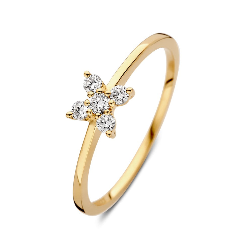Anillo de oro amarillo elegante con diseño de flor de diamantes de 0.17 ct.