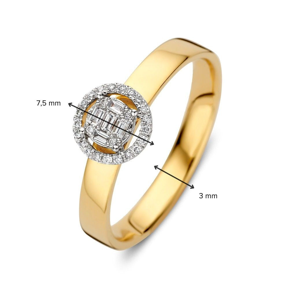 Elegante Anillo de Oro Blanco y Oro Amarillo con Diamantes Brillantes y Baguette en Engaste Invisible – 0,17 crt