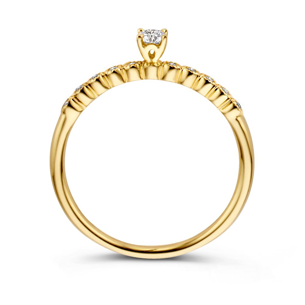 Anillo Solitario Vintage de Oro Amarillo con Diamantes Laterales – 14 Quilates, 0,19 ct Diamante Brillante, Calidad H/SI-1