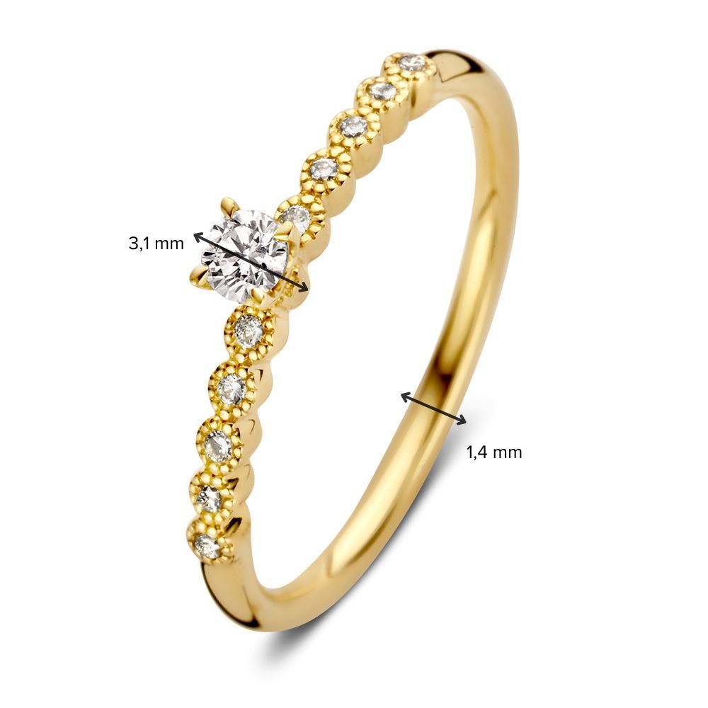 Anillo Solitario Vintage de Oro Amarillo con Diamantes Laterales – 14 Quilates, 0,19 ct Diamante Brillante, Calidad H/SI-1