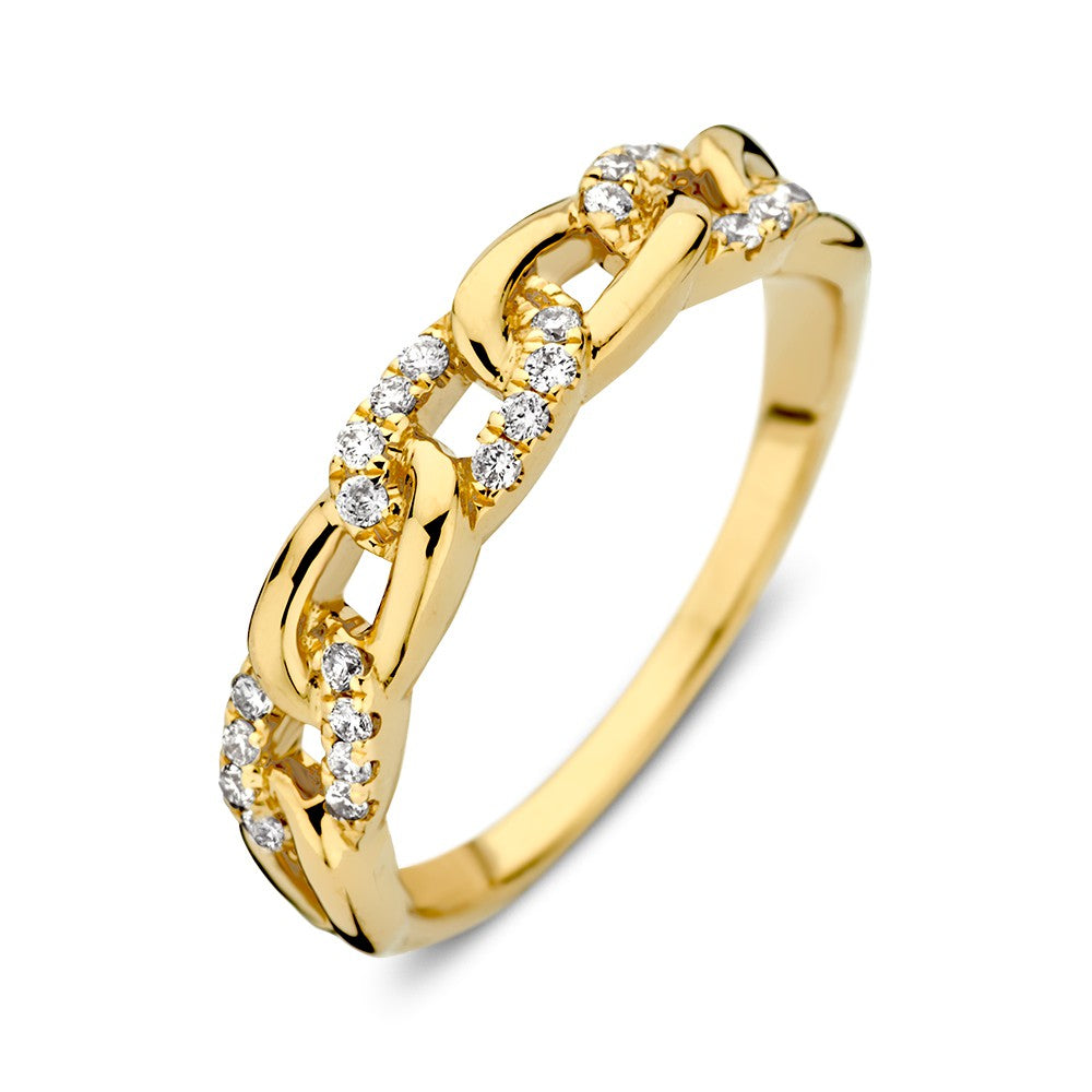 Anillo de eslabones en oro amarillo de 14 quilates con tres diamantes brillantes.