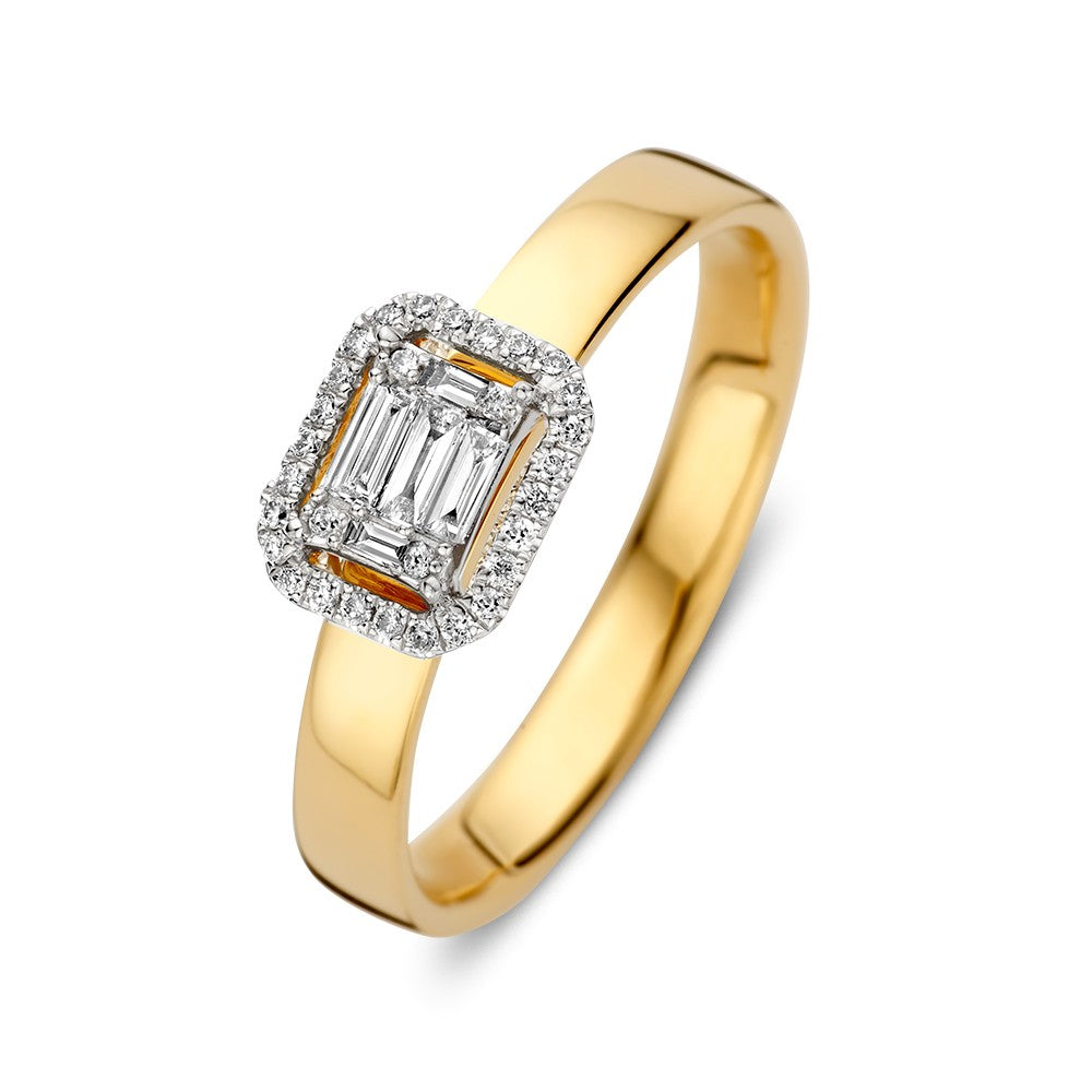 Anillo bicolor elegante de oro con diamantes brillantes y baguette en engaste invisible de 0.20 crt.
