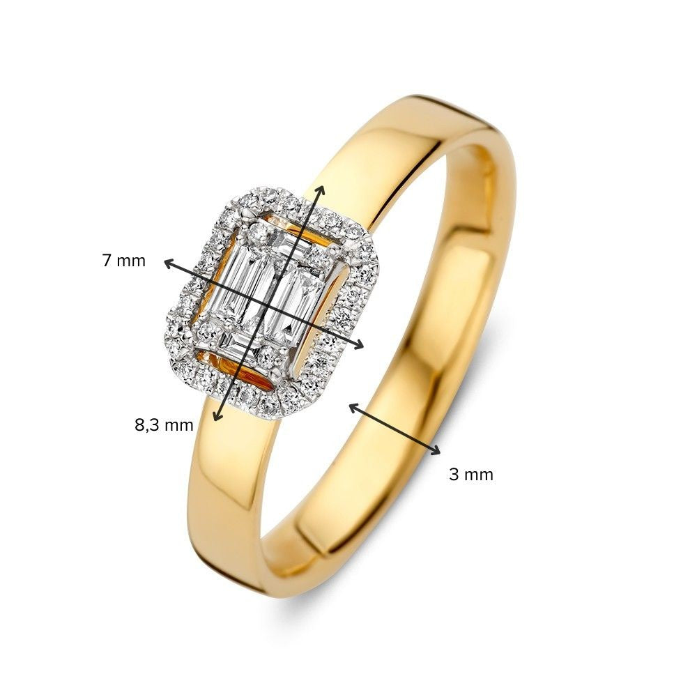 Anillo bicolor elegante de oro con diamantes brillantes y baguette en engaste invisible 0.20 crt.