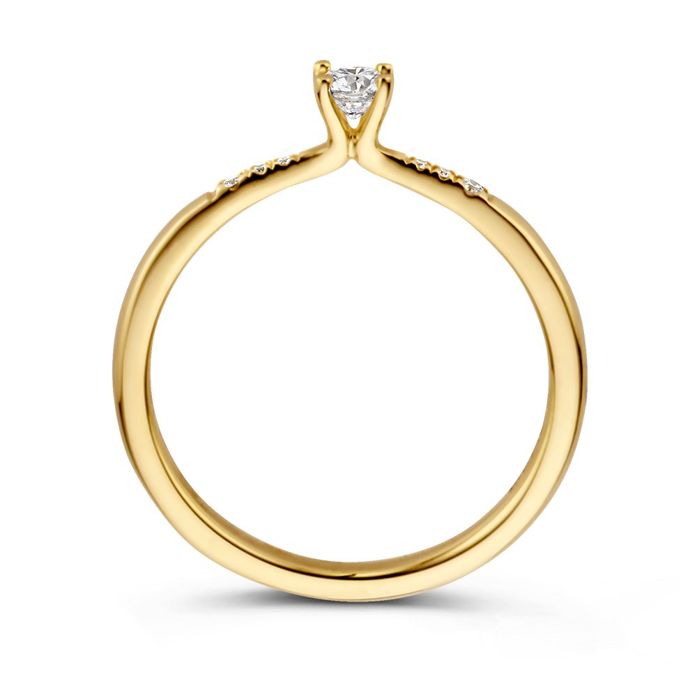 Elegante Anillo de Solitario en Oro Amarillo con Piedra Central de Brillante y Piedras Laterales 0.21 crt.