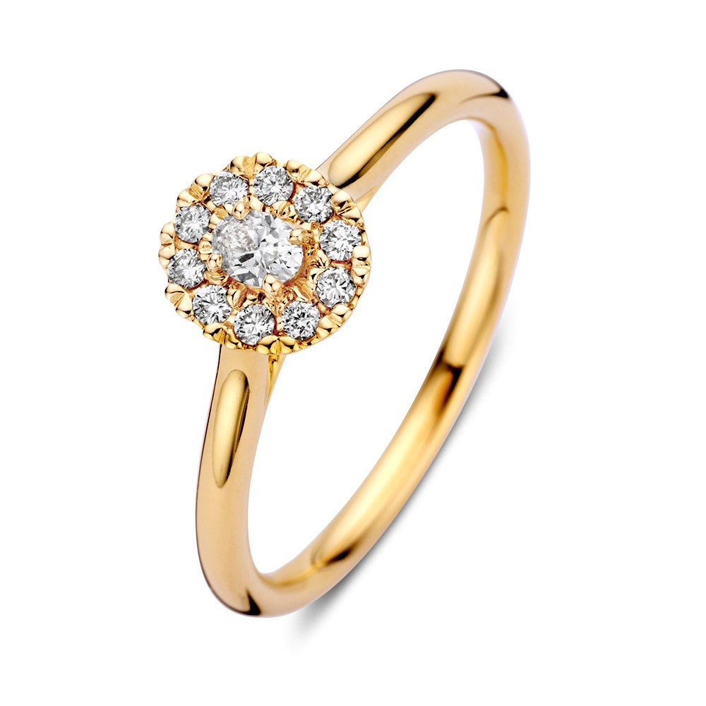 Anillo de oro amarillo de 14k con diamantes en halo y piedra central ovalada.