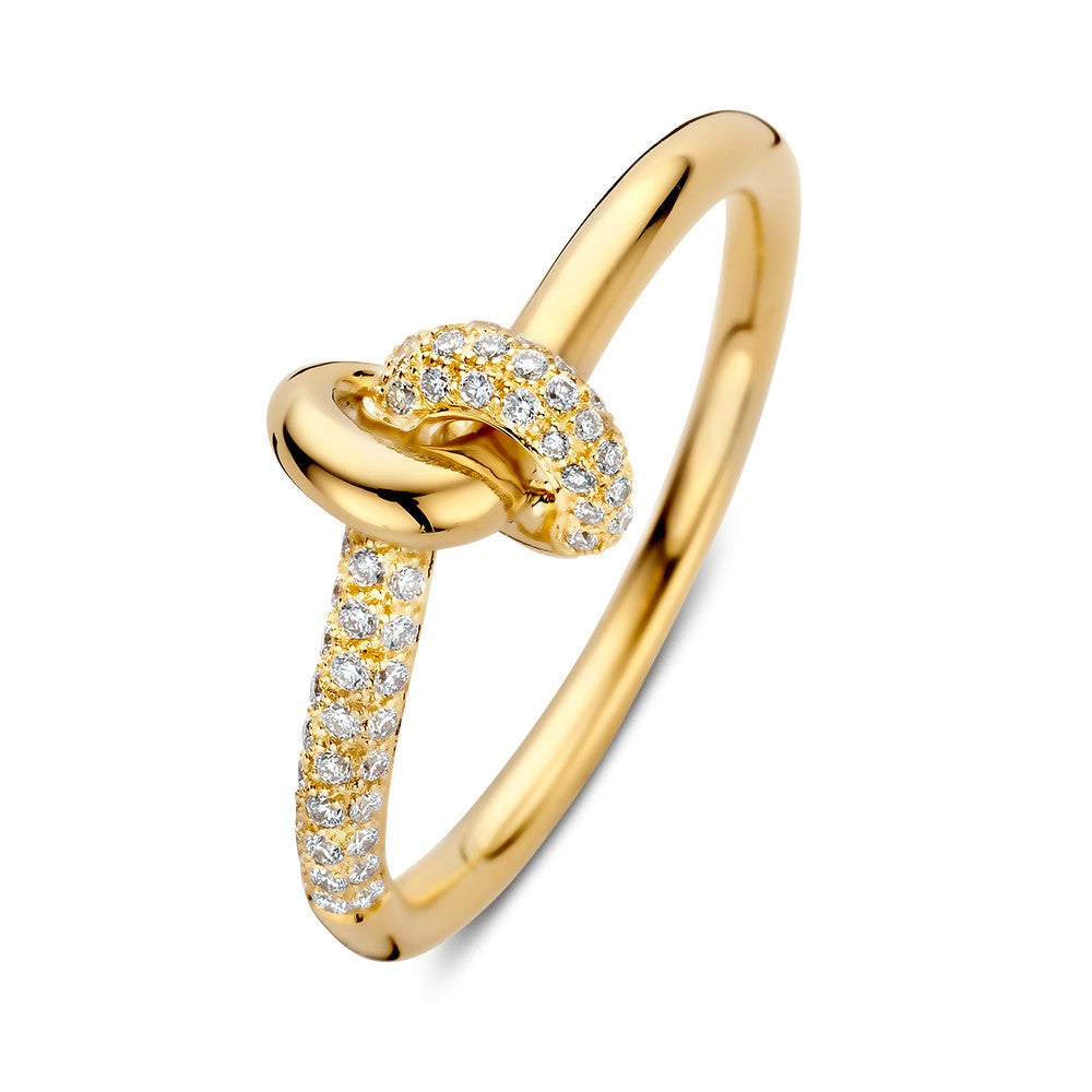 Anillo de oro amarillo elegante con diamante brillante de 0.21 crt y diseño entrelazado.