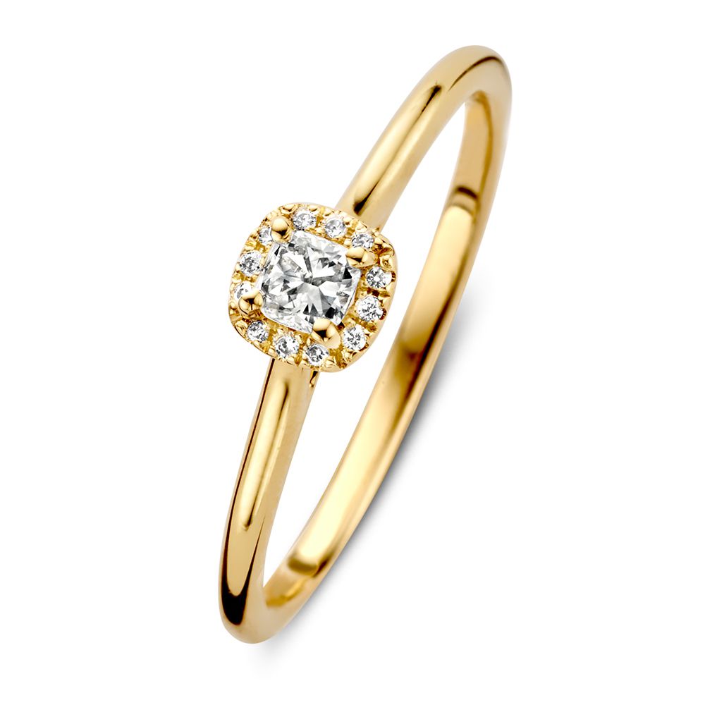 Anillo de dama en oro amarillo con una piedra brillante en un engaste cuadrado y 0.24 crt.