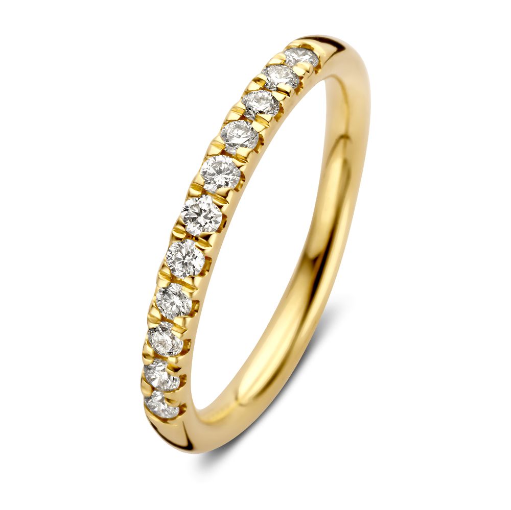 Anillo de oro amarillo elegante con 11 diamantes en un diseño delicado de 14 quilates.