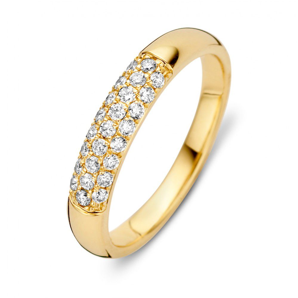Anillo de oro amarillo de 14 quilates con diamantes en pavé, 0.32ct, diseño elegante y brillante.