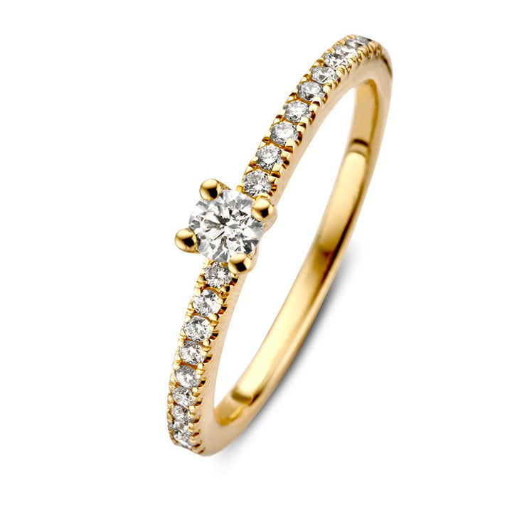 Schitterende geelgouden solitair ring van Excellent Jewelry, 14 karaat goud met een briljant geslepen middensteen en diamanten H/SI-1 langs de band, totaal 0.32ct.