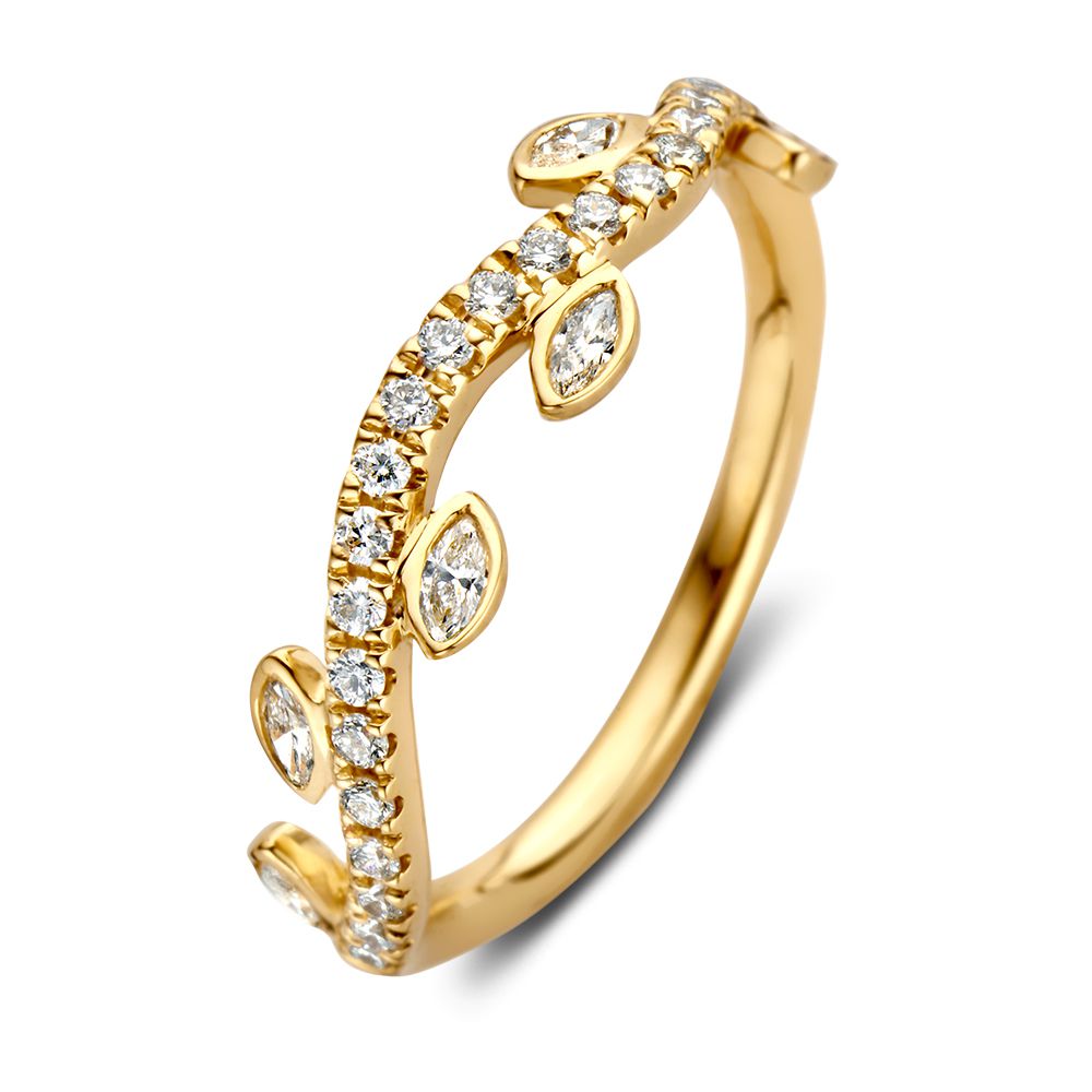 Anillo de oro amarillo elegante con diseño de hojas y diamantes, 0.37ct de diamantes.