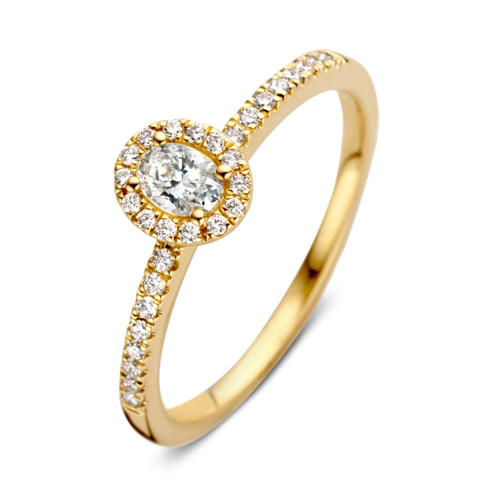 Anillo de oro amarillo elegante con diamante ovalado y halo, 14 quilates, 0.40ct.