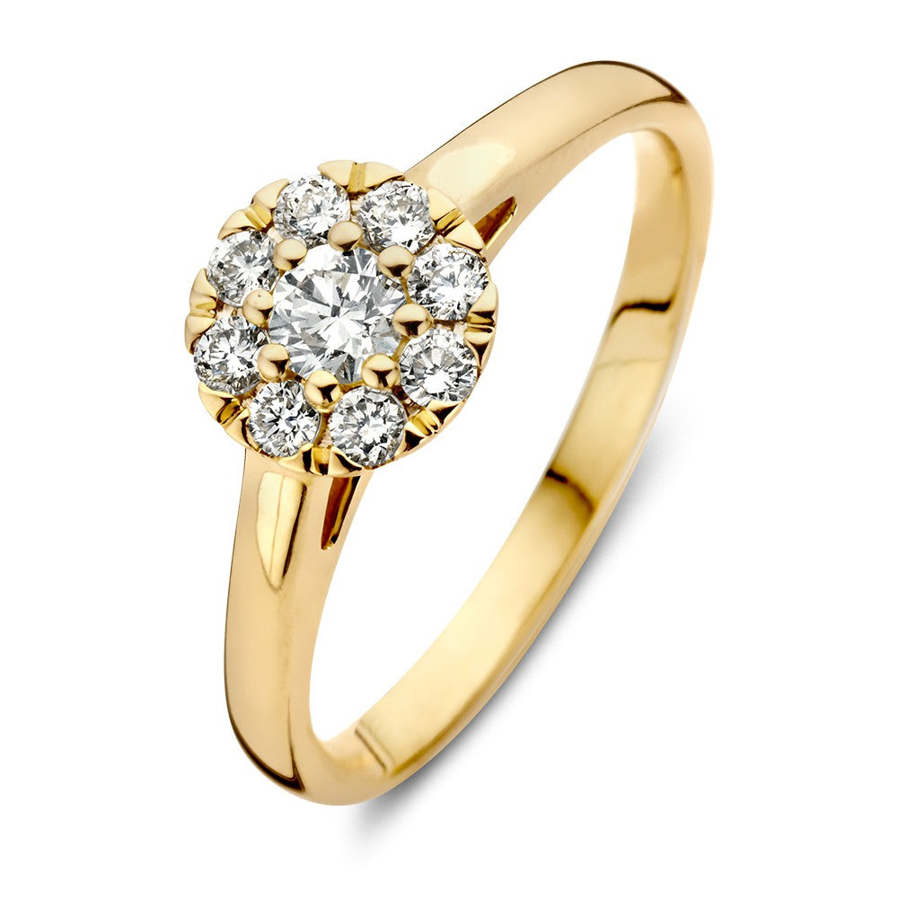 Anillo de oro amarillo elegante con diamante halo de 0.40ct.