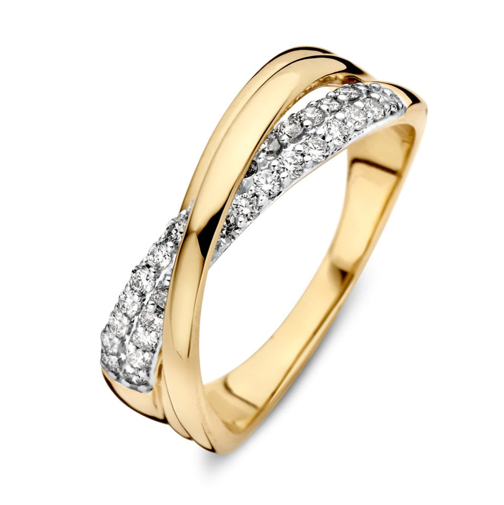 Anillo bicolor de oro amarillo y blanco con diamantes, 14 quilates, 0.40 ct de diamantes.
