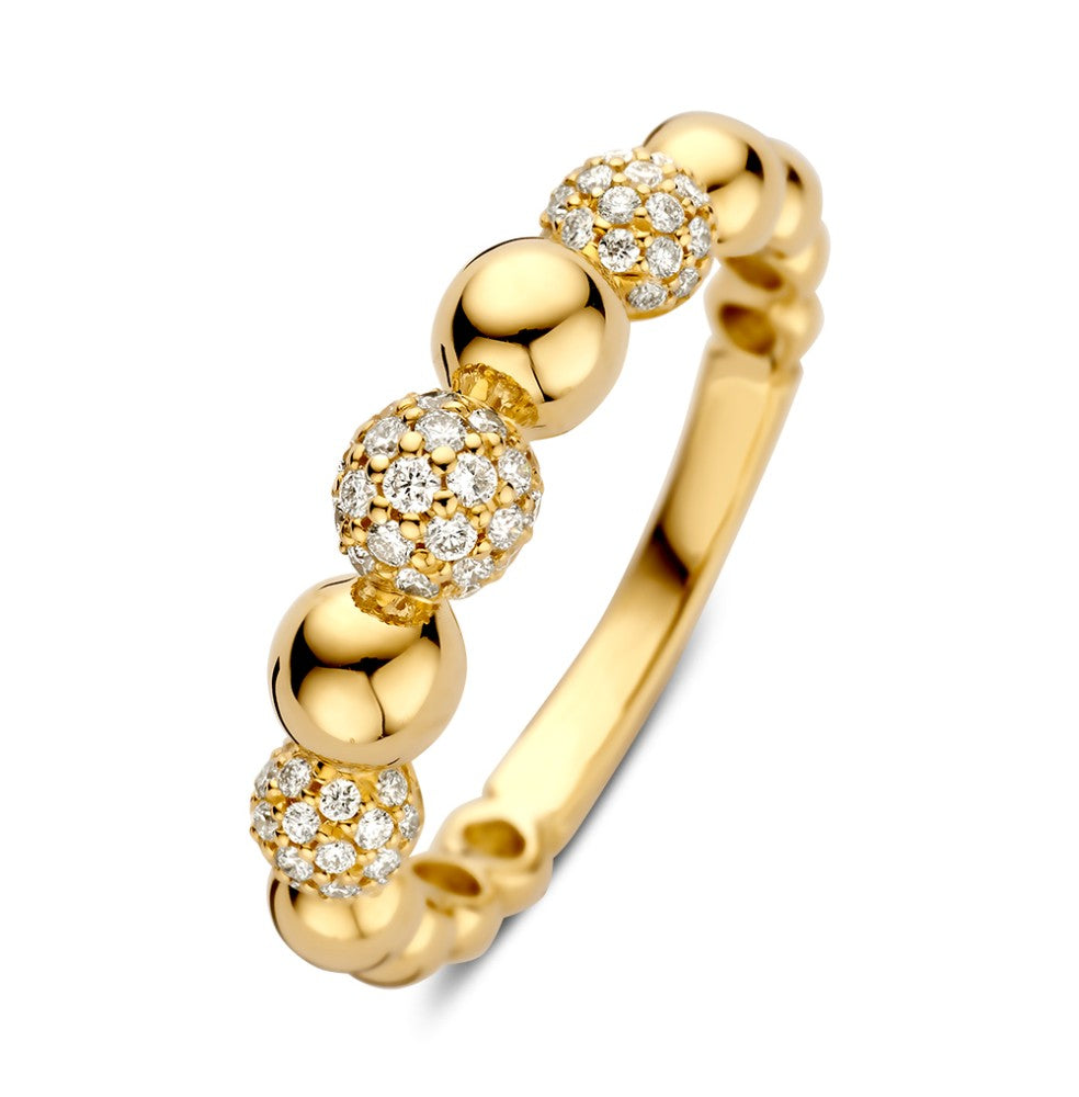Anillo de oro amarillo elegante con diamantes, 14 quilates, con detalles esféricos y 0.42 ct de diamantes.