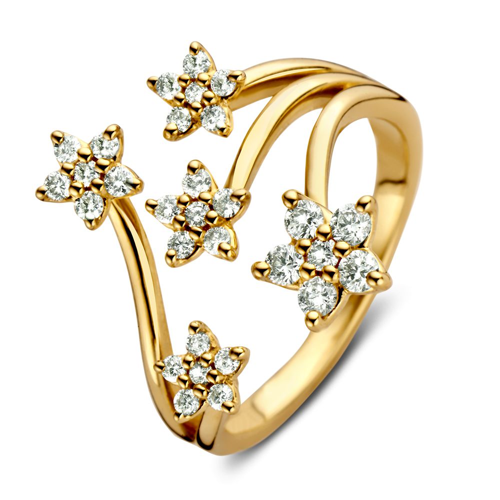 Anillo de oro amarillo de 14 quilates con estrellas de diamantes, cinco flores brillantes.