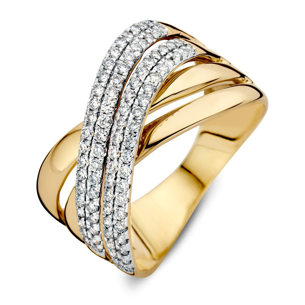 Anillo cruzado de oro amarillo de 14 quilates con diamantes brillantes.