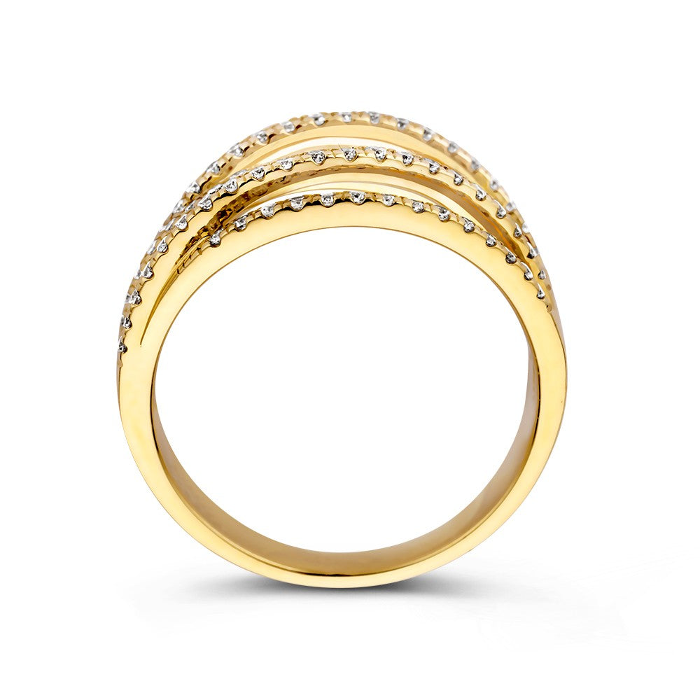 Anillo de cruce elegante de oro amarillo de 14k con diamantes de 0.53ct, pieza de declaración de mujer